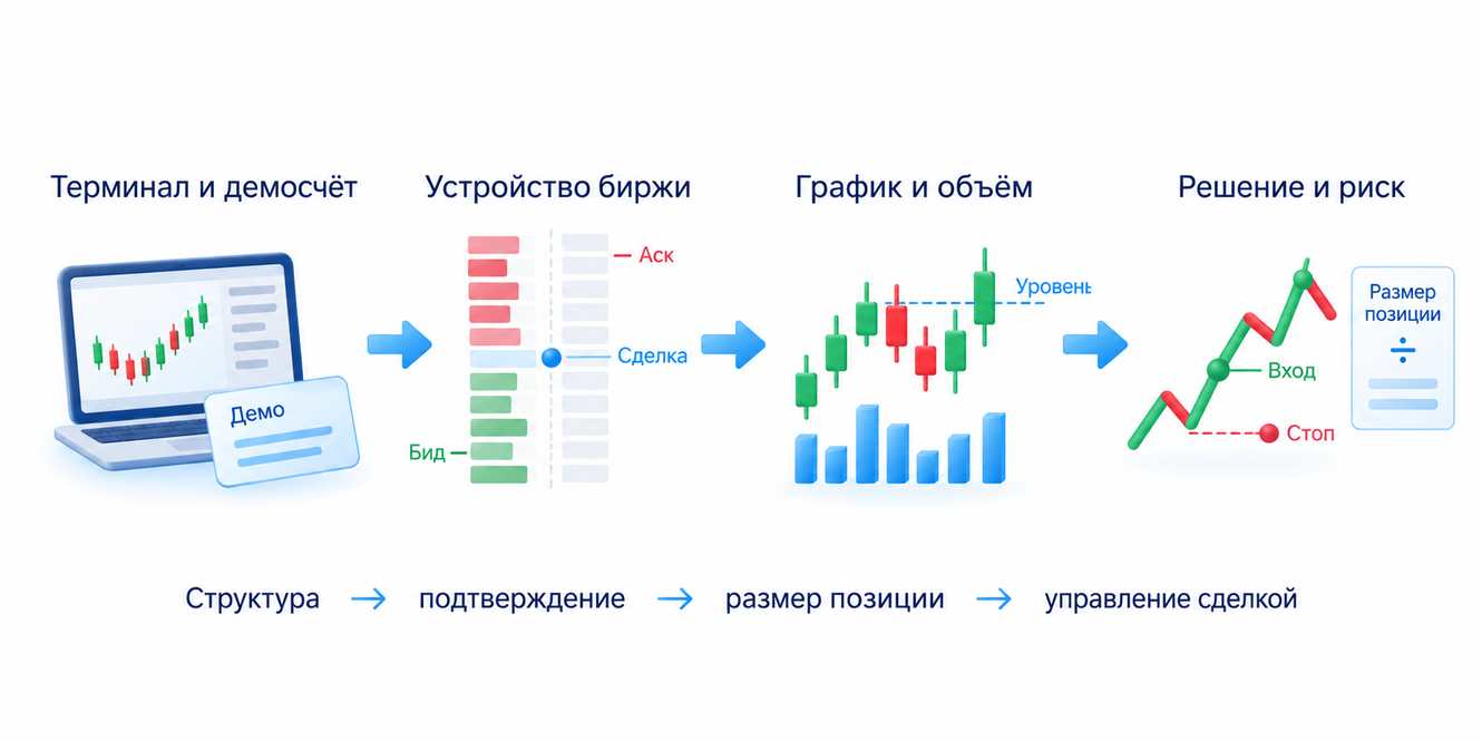 Порядок бесплатного обучения: терминал и демосчёт, устройство биржи, графики и объём, затем вход, размер позиции, риск и управление сделкой.