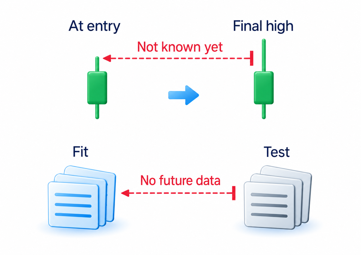 An entry during a candle cannot use its unknown final high; preparation can also leak information from a later test period.