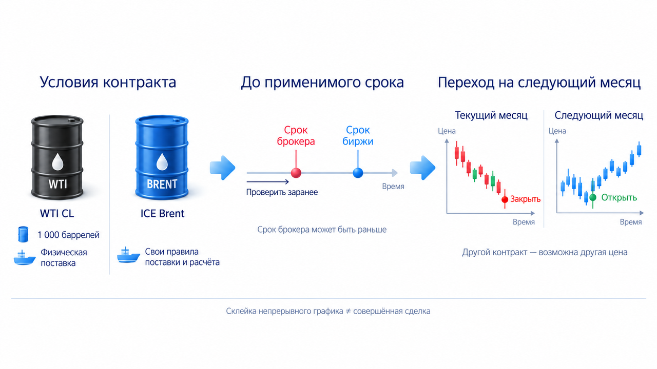 WTI CL имеет размер 1000 баррелей и физическую поставку, ICE Brent свой порядок; брокерский срок может быть раньше биржевого, переход меняет контракт