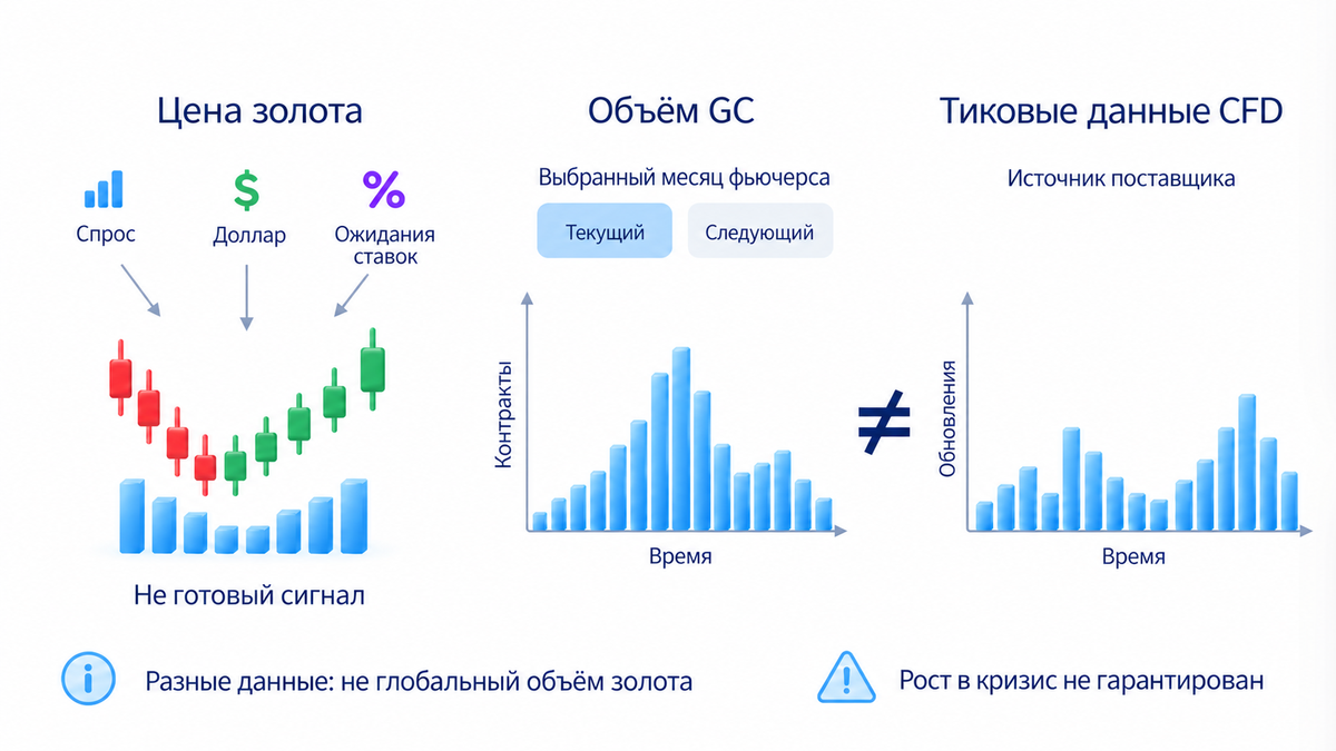 Цена золота зависит от спроса, доллара и ожиданий ставок без гарантии роста в кризис; объём GC относится к определённому месяцу, а тиковые обновления CFD отличаются