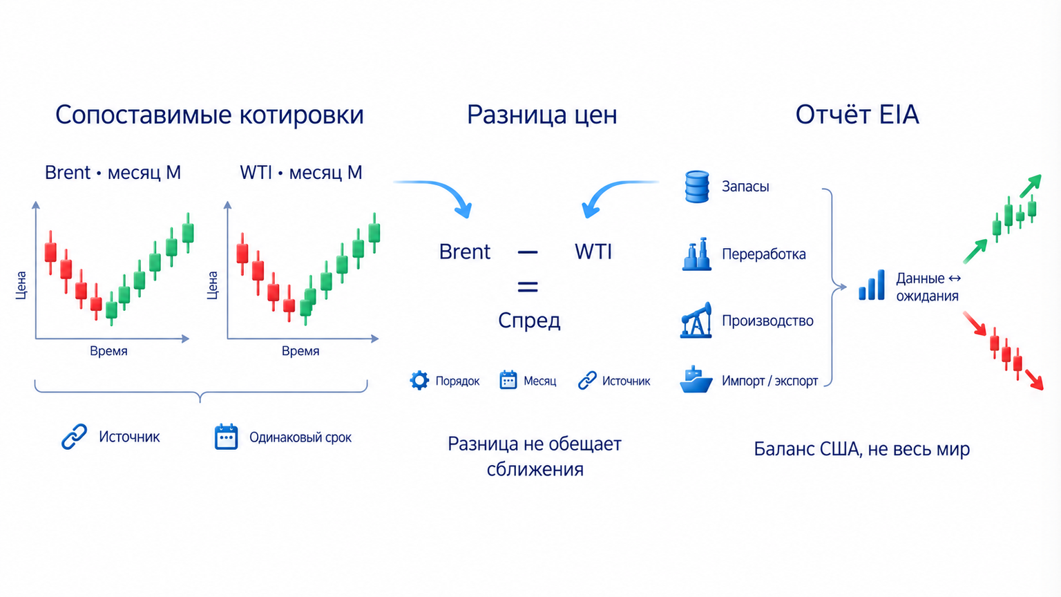 Brent и WTI имеют свои рынки и контракты; для спреда проверяют порядок вычитания, месяцы и источники, отчёт EIA описывает запасы и баланс США