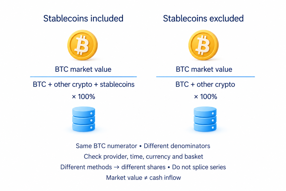 Providers may count different asset baskets; ordinary BTC.D and a stablecoin-excluding share are different methods that should not be spliced into one series.