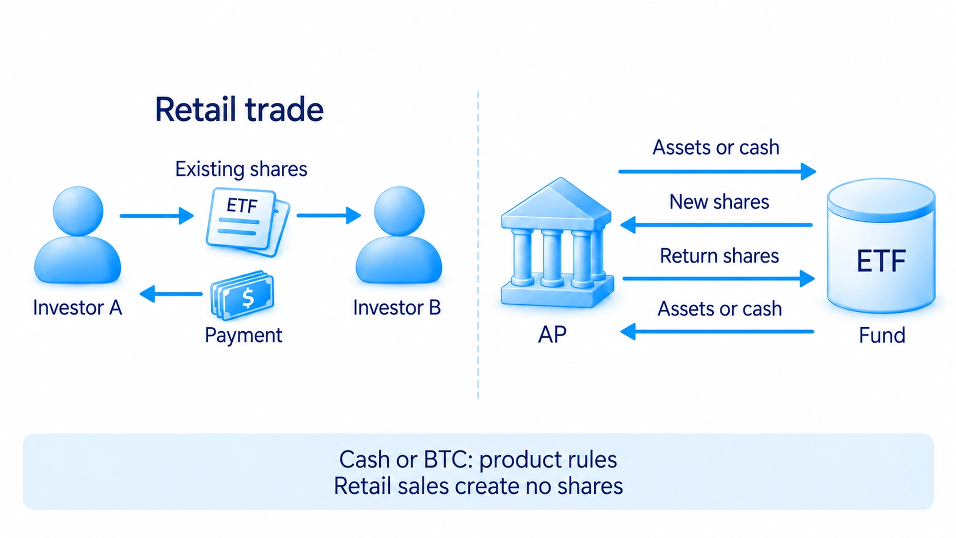 Retail investors sell existing shares on the exchange, while authorized participants create and redeem large baskets under the product's rules.