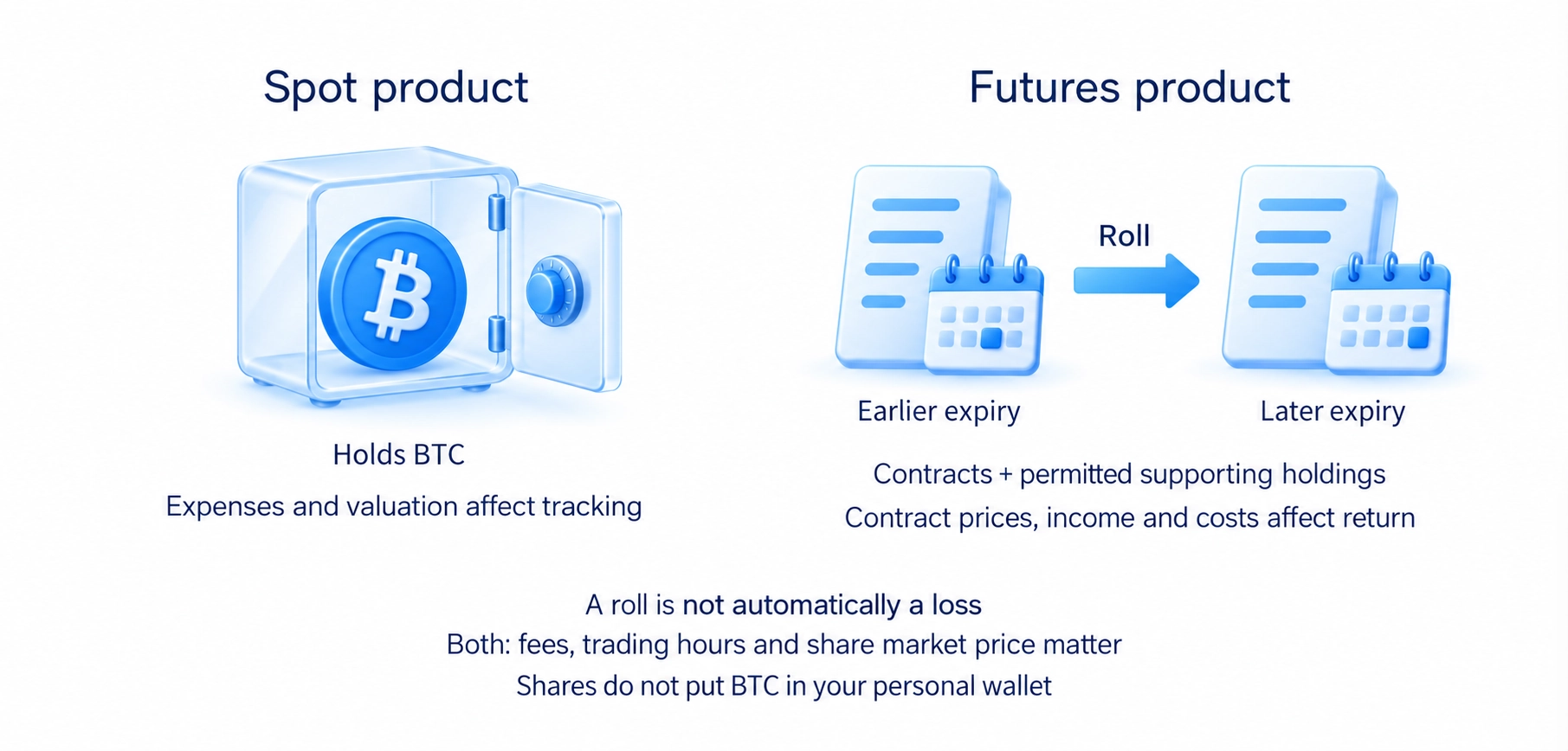 Spot products hold BTC while futures products use contracts whose replacement, prices and costs affect their result.