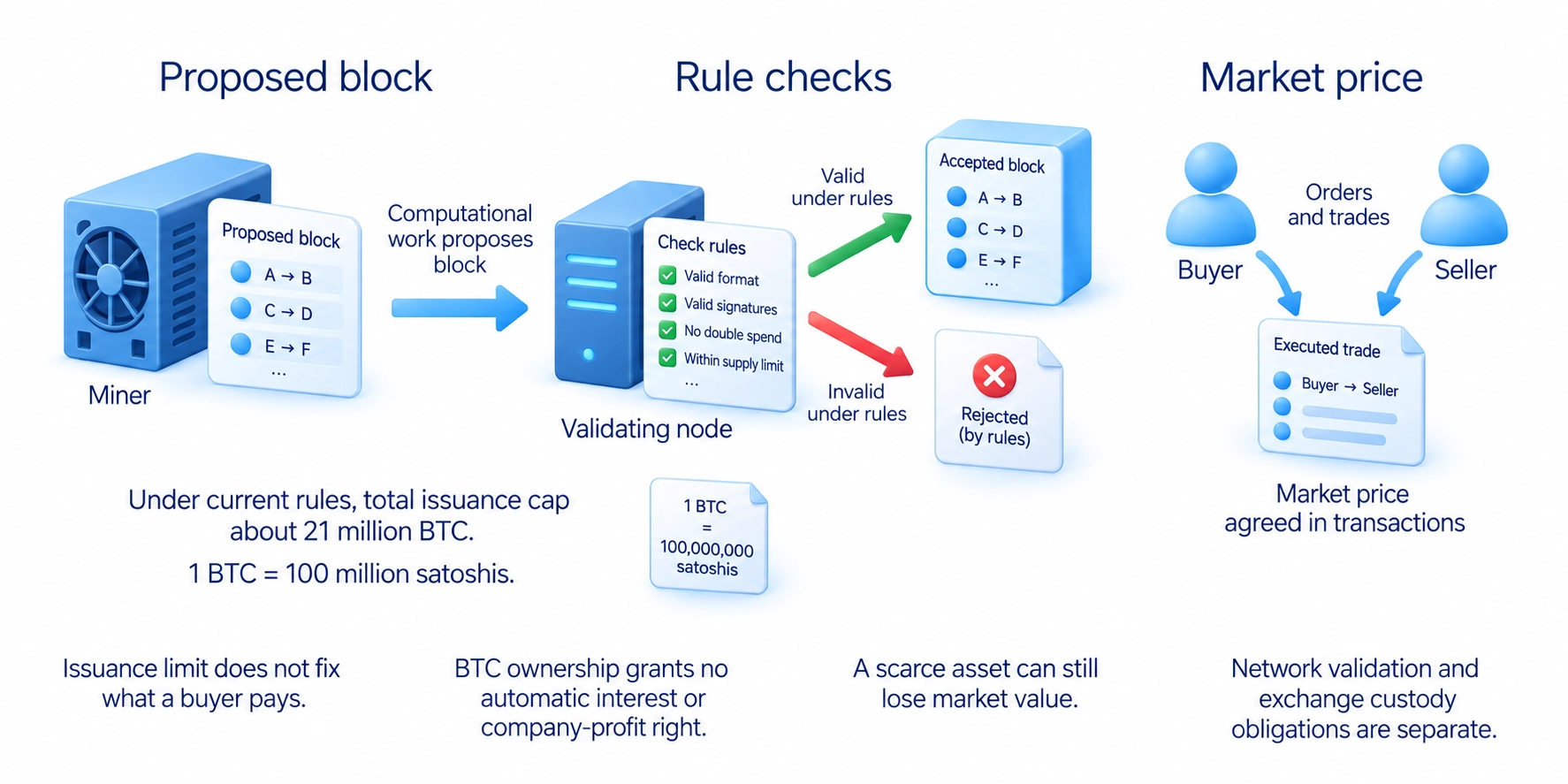 Bitcoin issuance and divisibility rules do not fix the market price or promise interest or company profits.