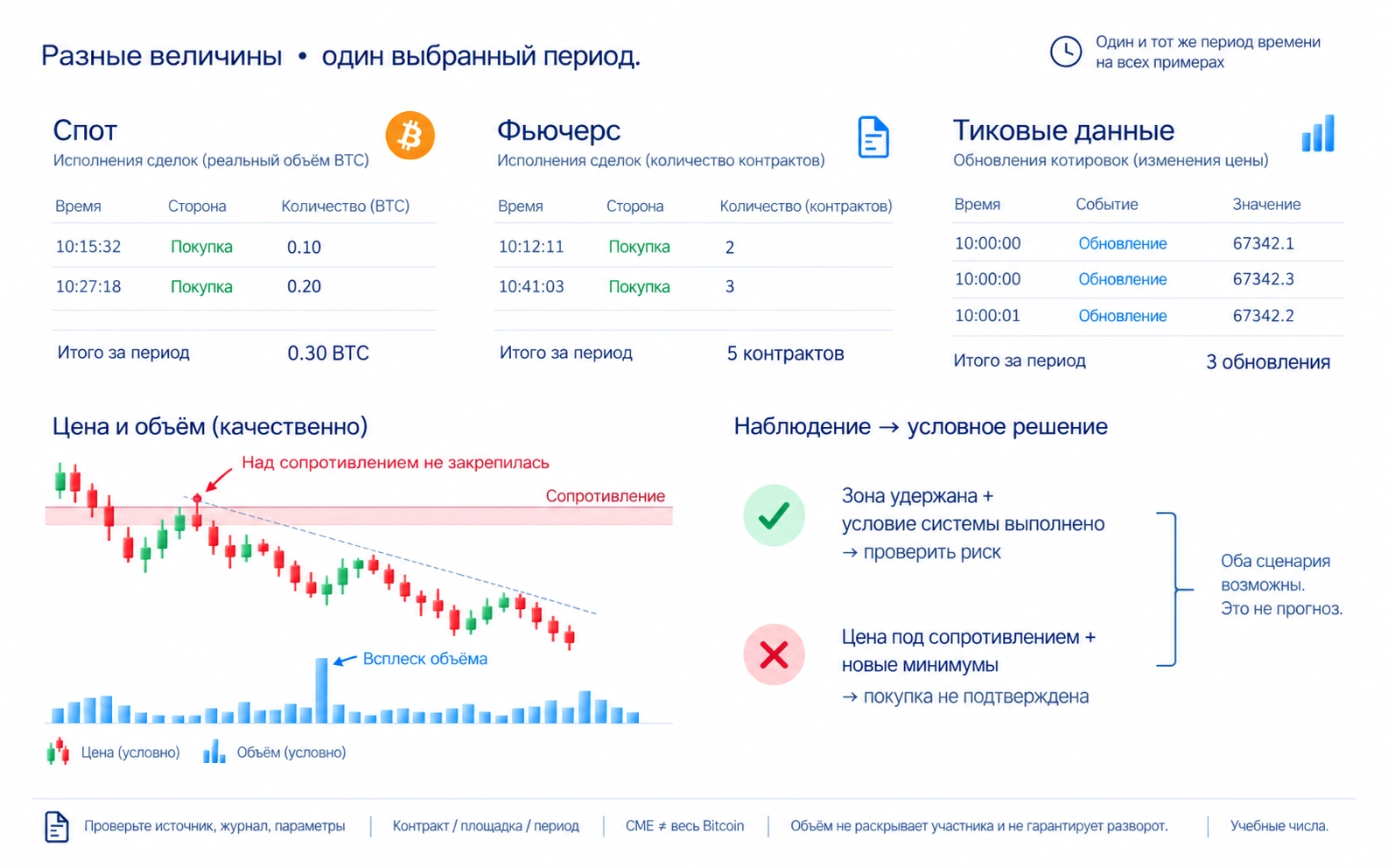 Объём спота, фьючерсов и обновления котировки — разные данные; большой объём при небольшом движении цены требует проверки реакции.