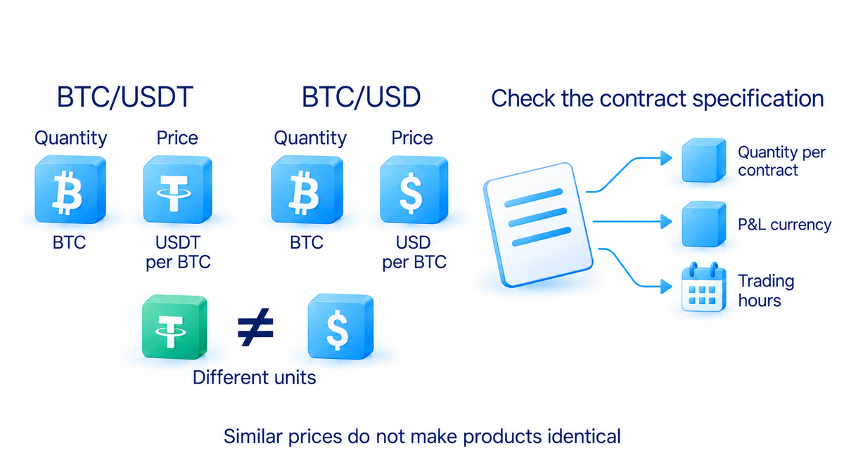 Check the venue, product, currency and trading hours; BTC/USDT and BTC/USD express price in different units, and contract quantity and profit units need checking.