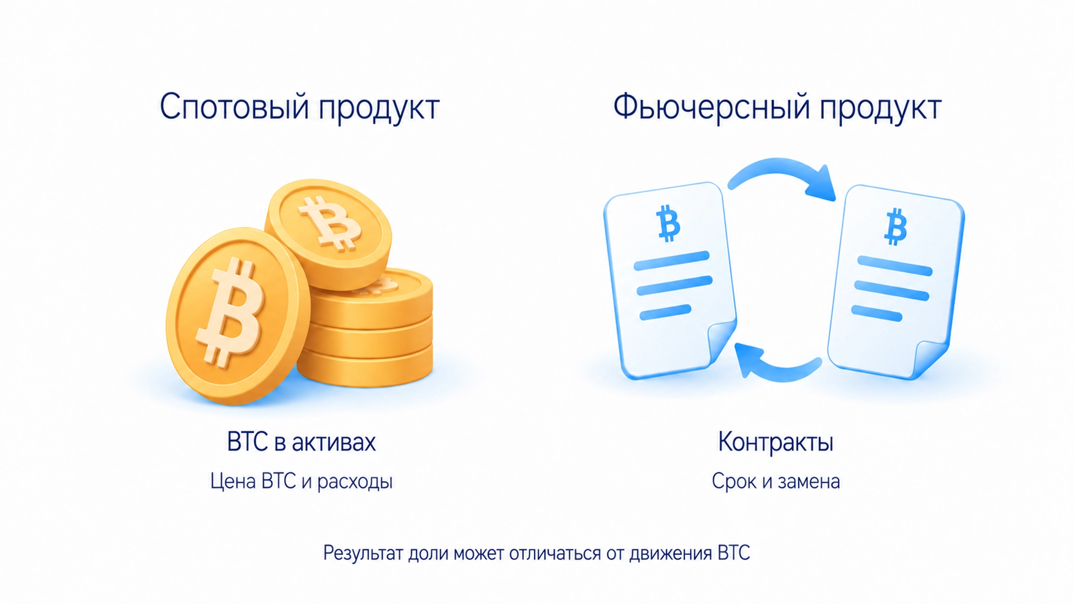 Спотовый продукт держит BTC, фьючерсный использует контракты с условиями срока и замены; расходы могут отличать результат доли от движения Bitcoin.