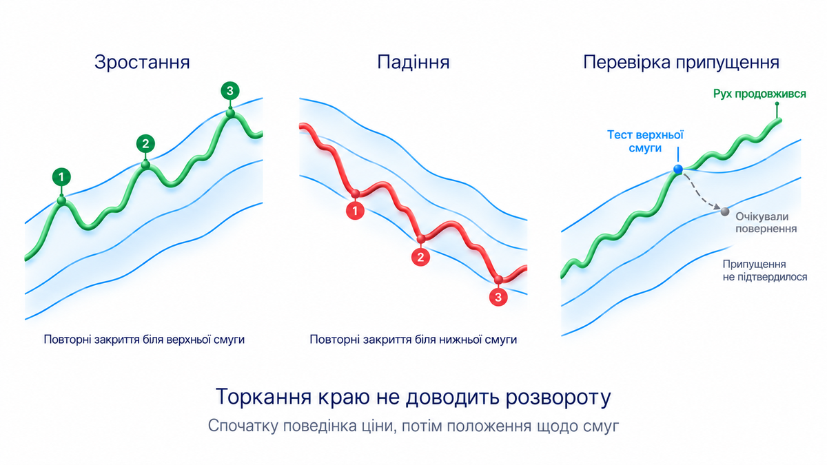 Зростання: повторні торкання верхньої смуги; Падіння: можливий зворотний стан біля нижньої; Рух уздовж смуги; Очікуваний розворот може не настати