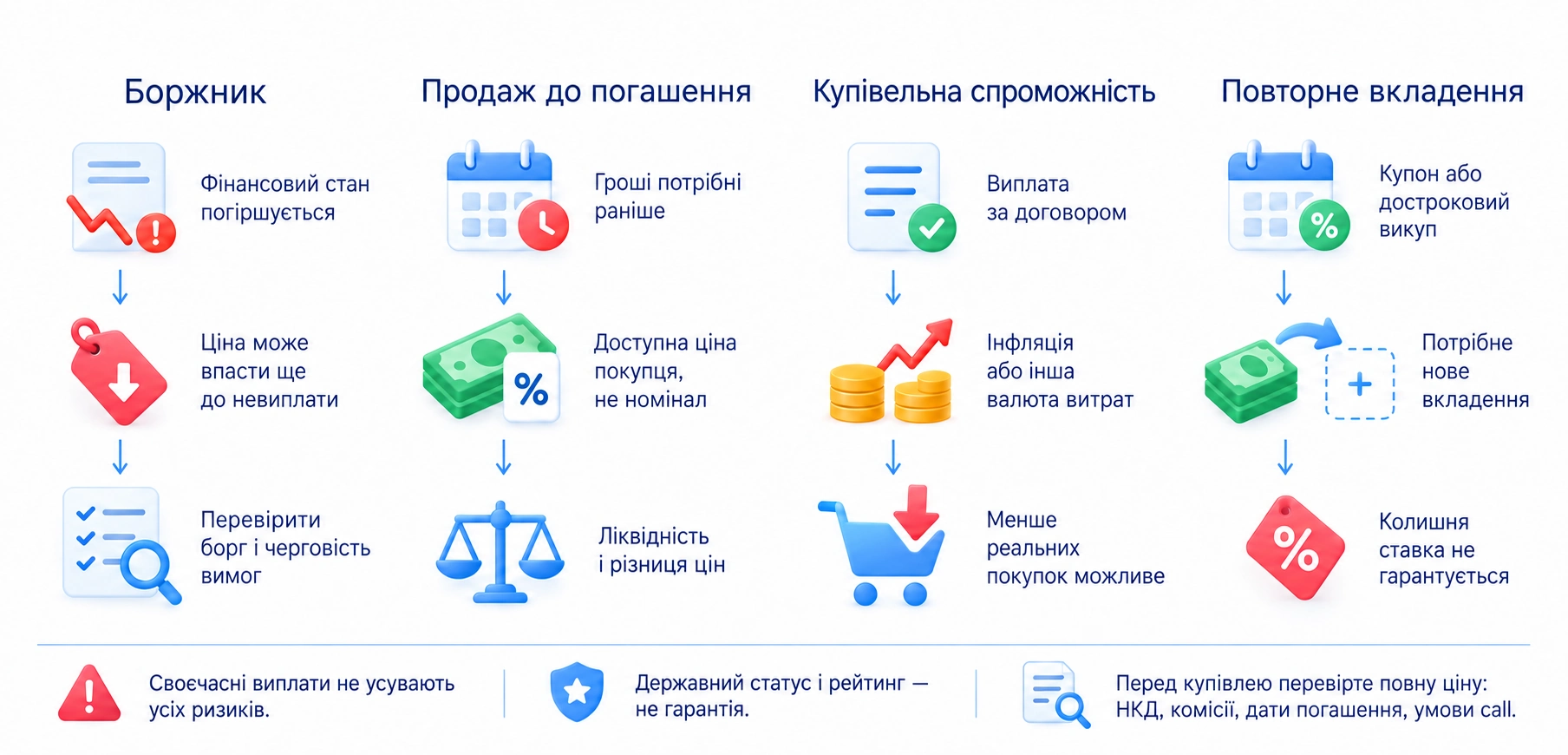 Кредитний ризик, продаж і ліквідність, інфляція та валюта, повторне вкладення потребують перевірки; навіть своєчасні платежі не усувають усіх ризиків