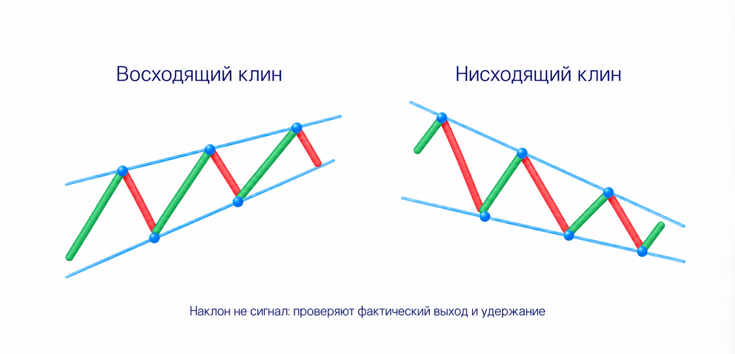 В восходящем клине обе сходящиеся границы направлены вверх, в нисходящем вниз; проверяют фактический выход и удержание