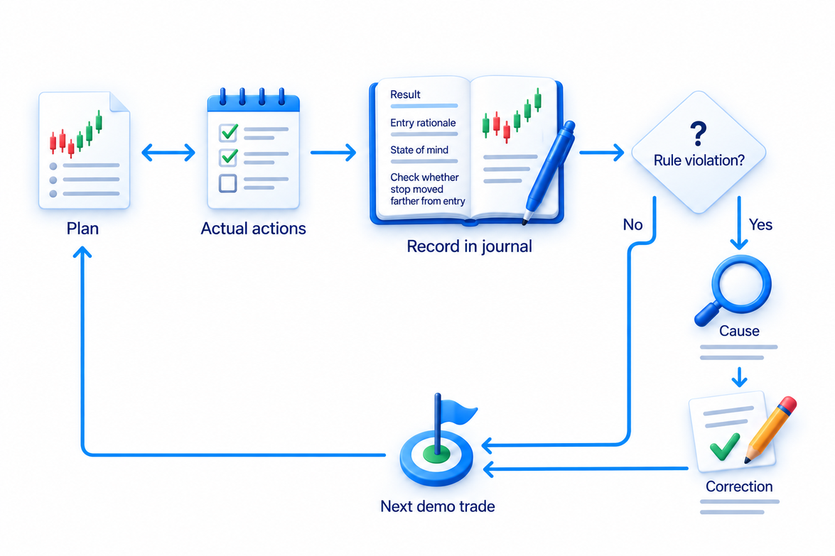 Compare plan and actual actions, record the trade, check rule violations and their cause, then correct the process before the next demo trade