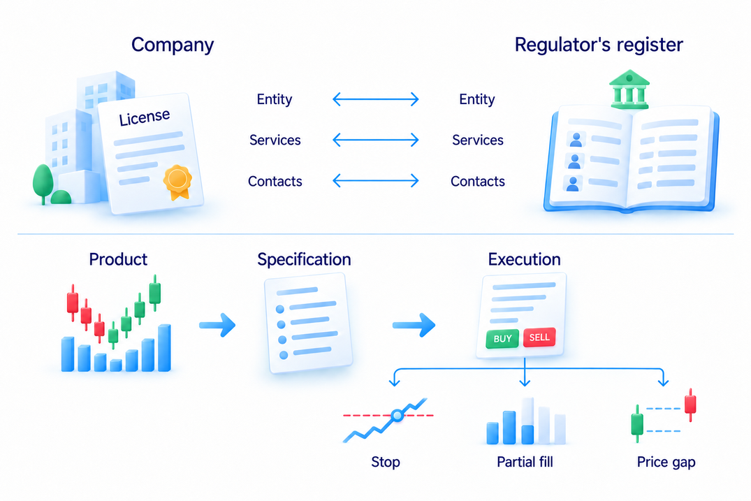 Match a company with the regulator register, then check product specifications and execution limits including stops, partial fills and gaps
