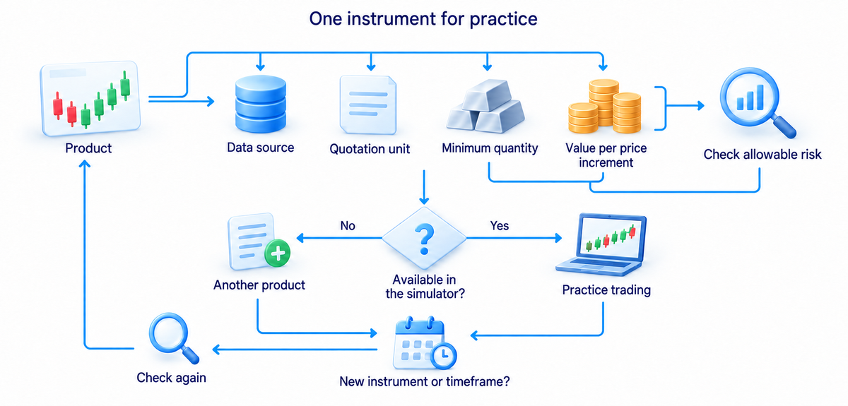 Choose a practice instrument by checking product, data source, quotation unit, minimum quantity, price-increment value, risk and simulator availability