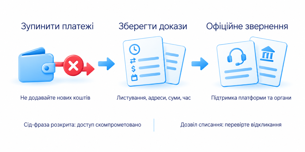 При підозрі припиняють платежі, зберігають докази й звертаються офіційними каналами; викрадена фраза та дозвіл списання потребують різних заходів