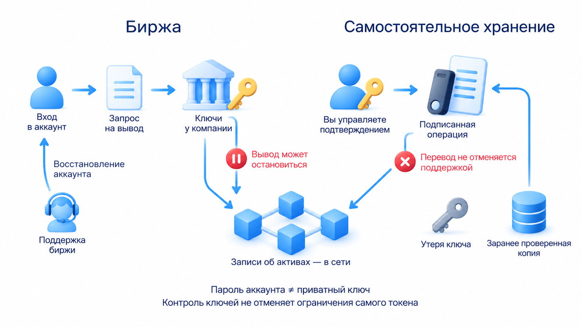 На централизованной бирже ключами обычно управляет компания; при самостоятельном хранении владелец управляет подтверждением операций