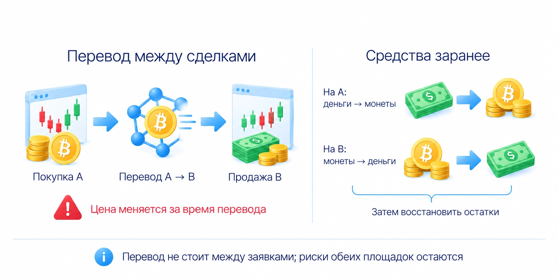Два маршрута межбиржевого арбитража: перевод между сделками и заранее размещённые средства