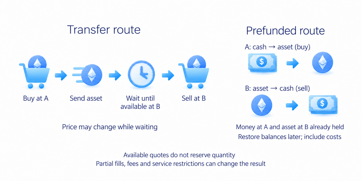 Transfer-based and pre-funded inter-exchange arbitrage routes, with execution, availability and balance-restoration conditions.