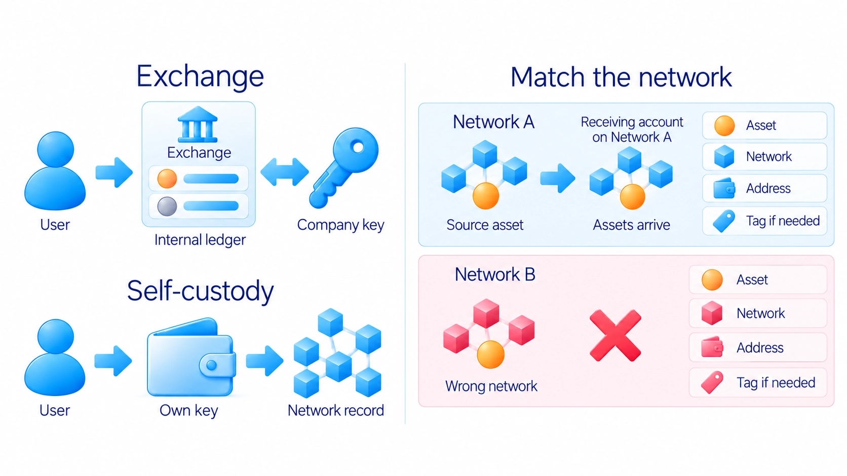 Exchange storage follows company rules, self-custody requires protecting keys and recovery, and transfers require matching asset, network, address and any required identifier.