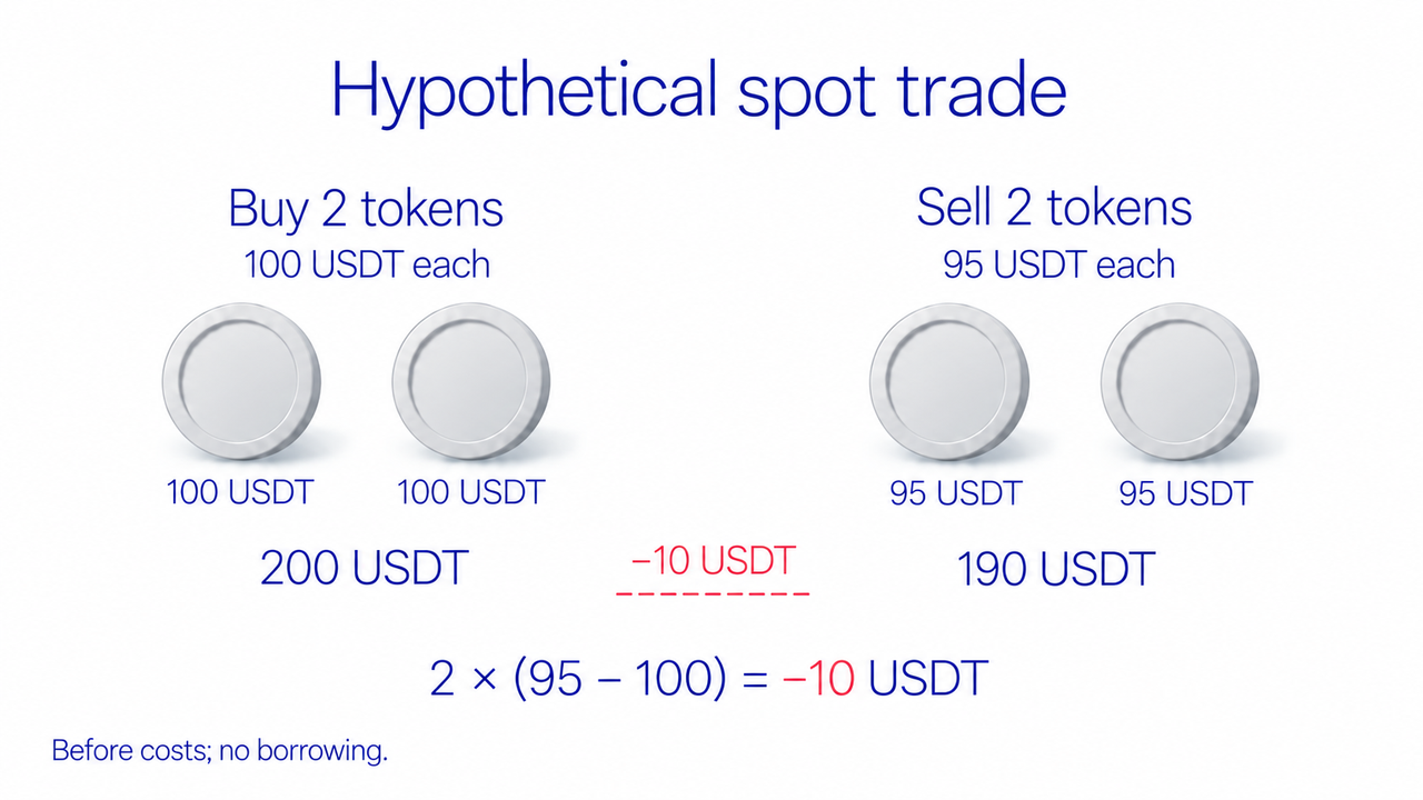 Hypothetical unborrowed purchase of two token units at 100 USDT and sale at 95 USDT gives 2 × (95 − 100) = −10 USDT before costs; fees and actual fills change the result.