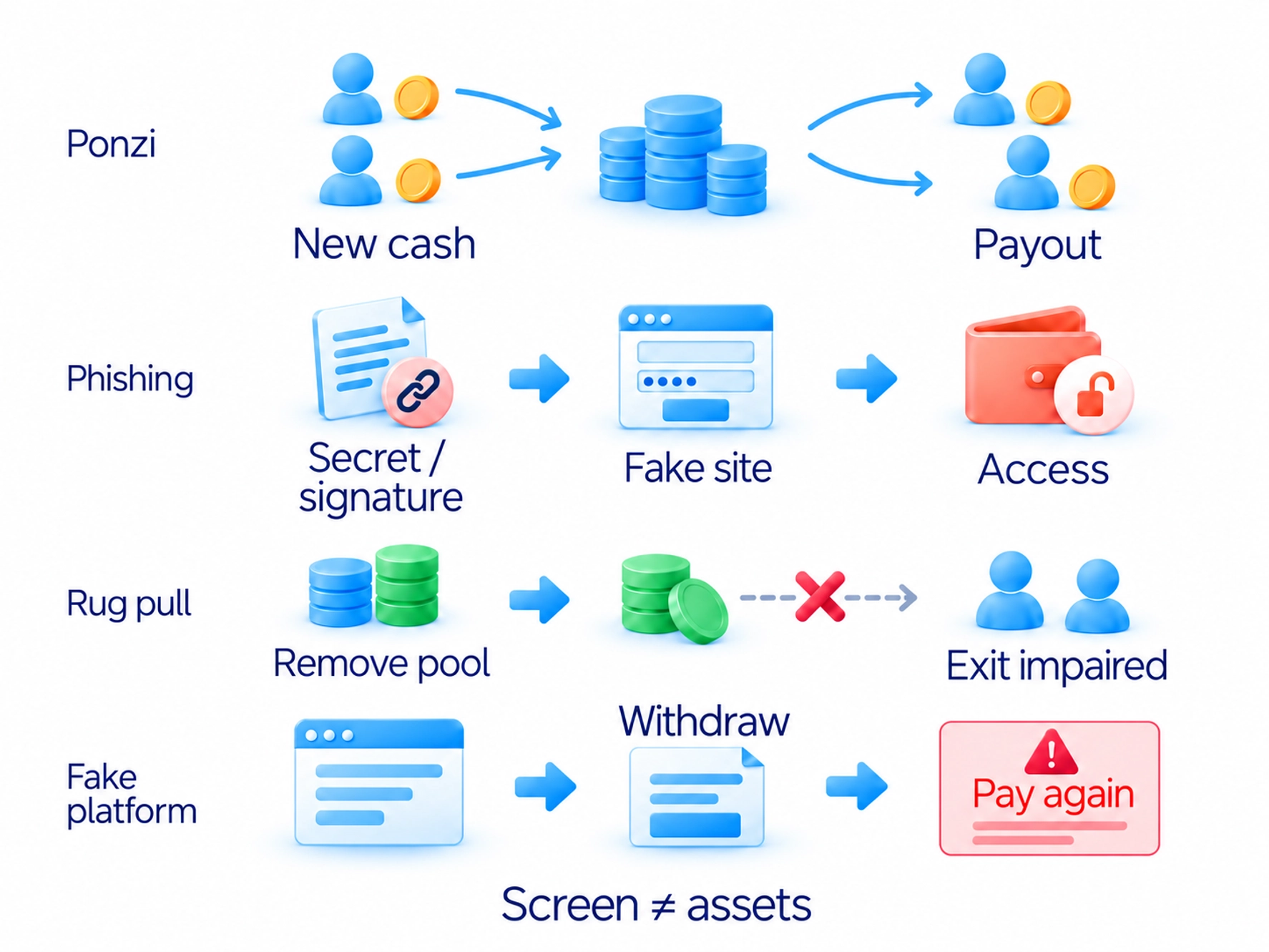 Check payment sources, recovery-phrase or signature requests, and powers to remove liquidity or restrict ordinary sales.