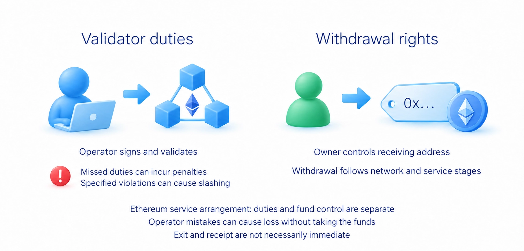 Ethereum separates validator duties from withdrawal rights; an operator can run software while the owner controls the receiving address, and operator errors can still cause losses.