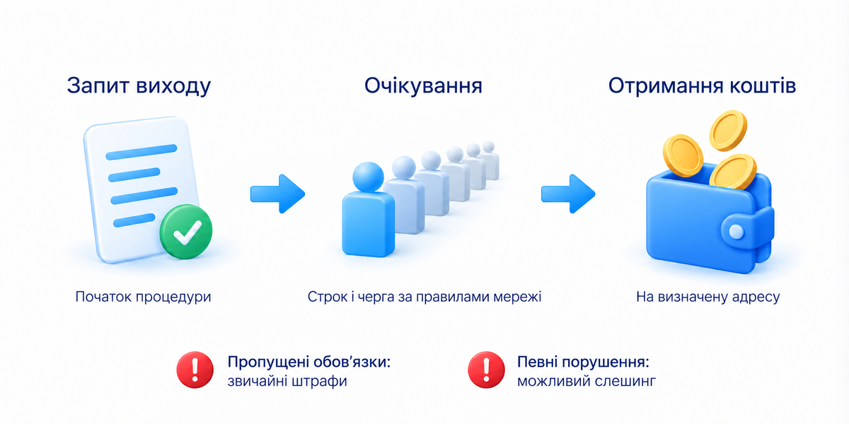Запит виходу, очікування й отримання коштів та відмінність звичайних штрафів від слешингу