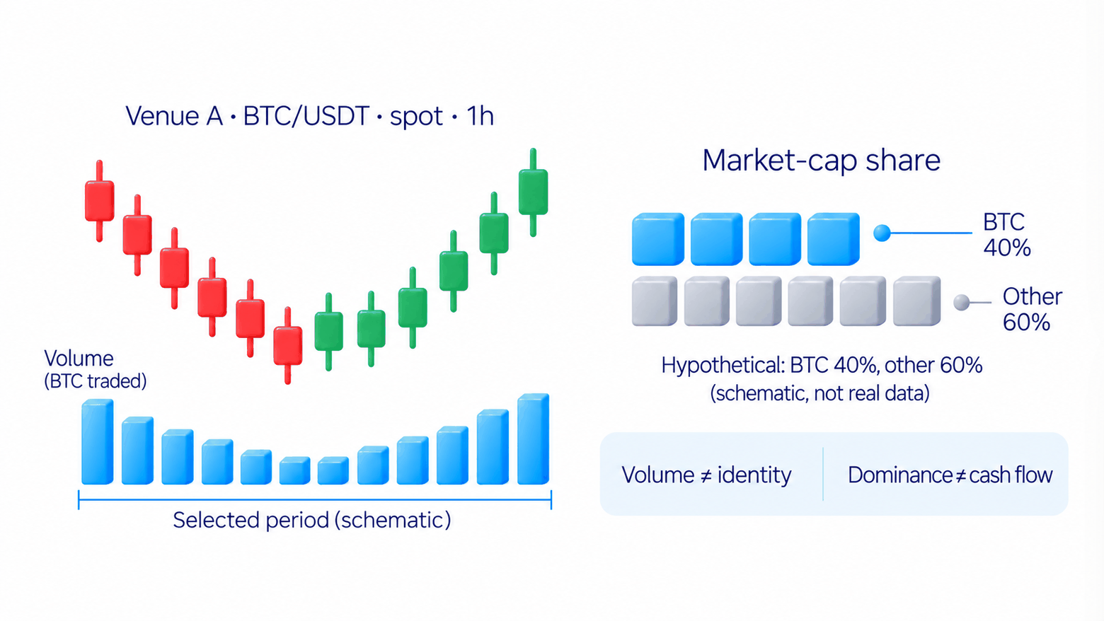 Check the exchange, pair, product and interval; volume measures source-specific activity while Bitcoin dominance measures a selected market-cap estimate, without commanding a purchase.