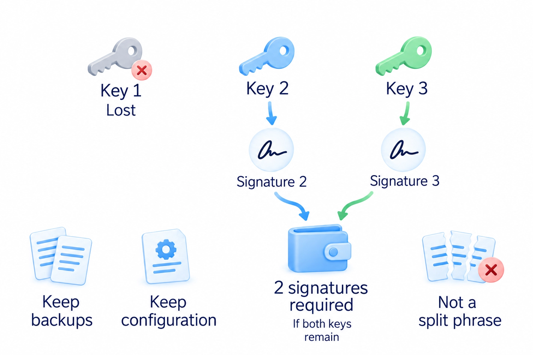 A two-of-three multisignature arrangement needs two signatures; access can remain after losing one key if the other two are available, with backups and configuration retained.