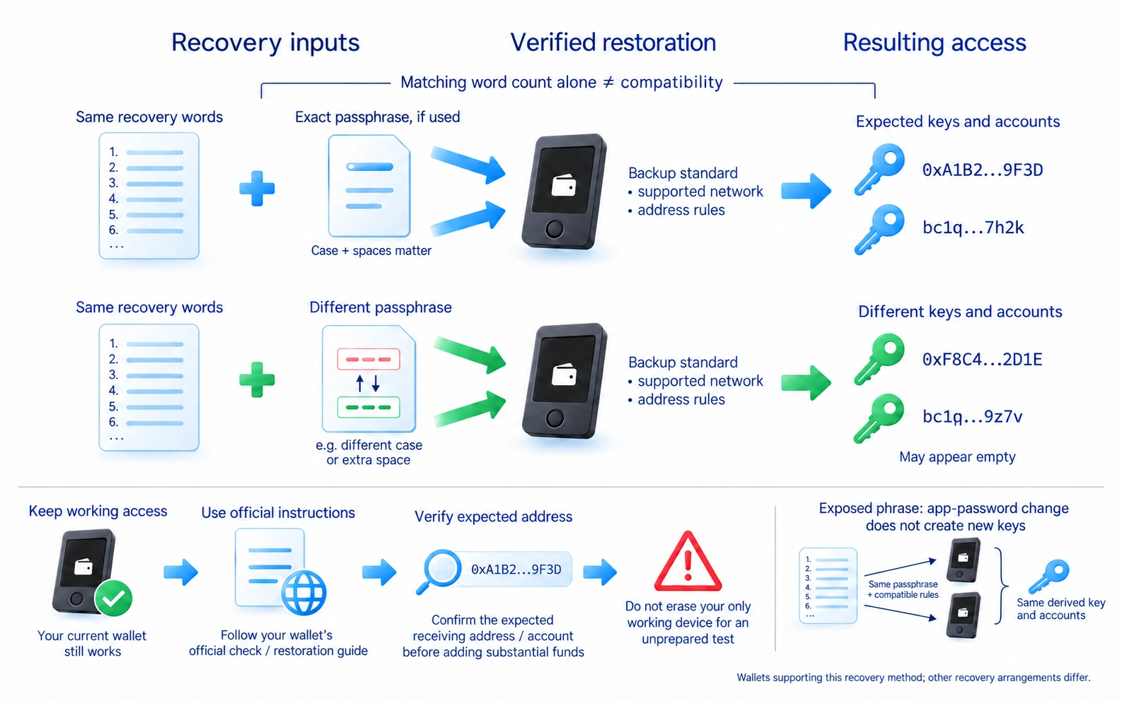 Restoration uses recovery words and the exact optional passphrase through a genuine compatible procedure; changing an app password does not change exposed derived keys.
