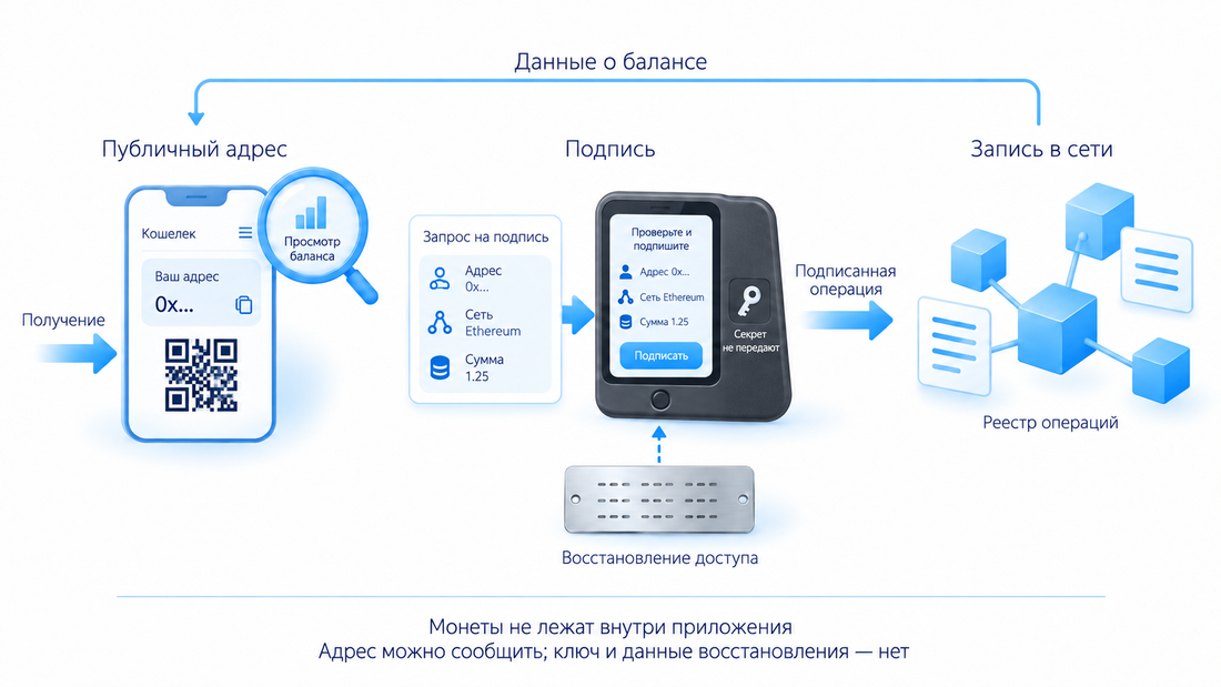 Записи об активах находятся в блокчейне, а кошелёк позволяет просматривать баланс, получать переводы и подписывать операции