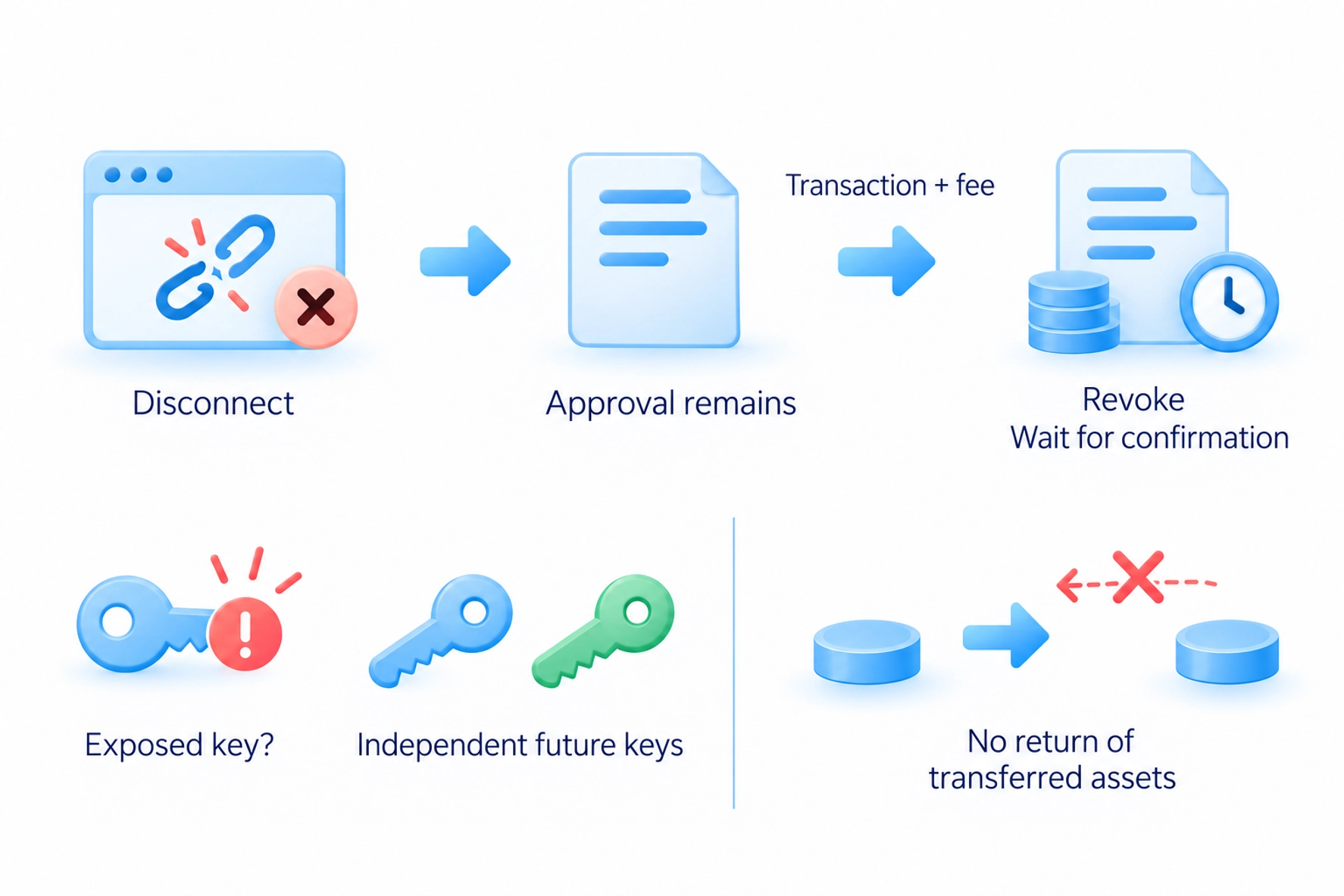 Disconnecting leaves on-chain approvals; revocation requires confirmation and does not recover transfers, while exposed keys require independently generated keys for future storage.