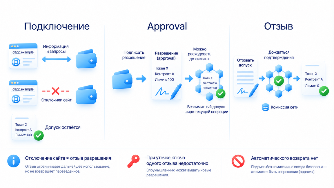 Подключение сайта отличается от Approval: отключение не отменяет допуск, а отзыв разрешения требует отдельной подтверждённой операции