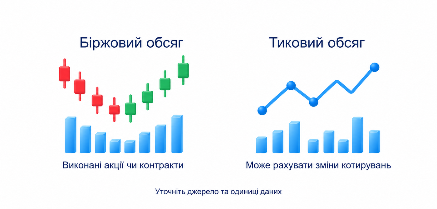 Біржовий обсяг рахує виконані акції чи контракти, тиковий може рахувати зміни котирувань; значення уточнюють у постачальника