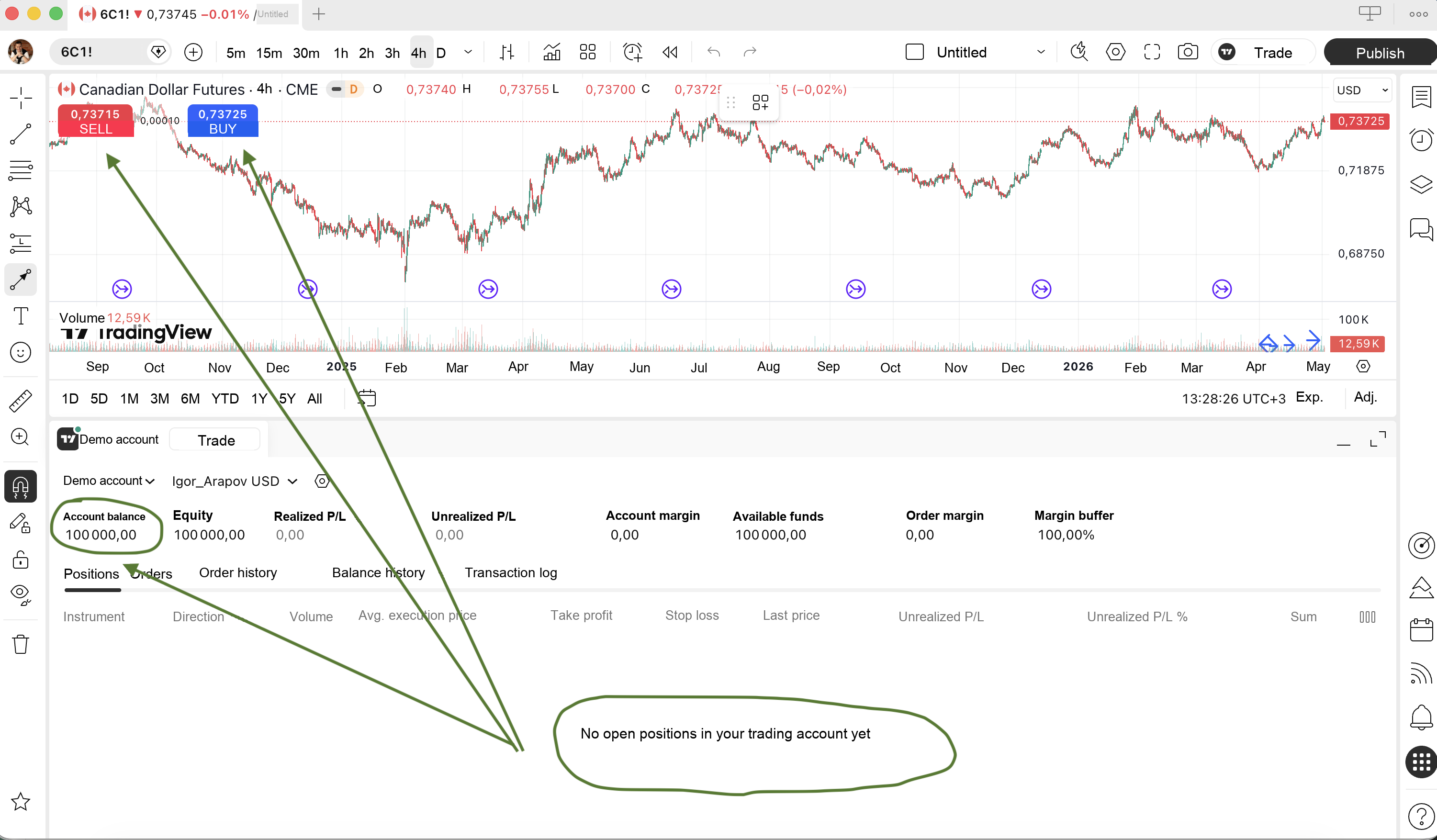 TradingView demo account balance and open positions