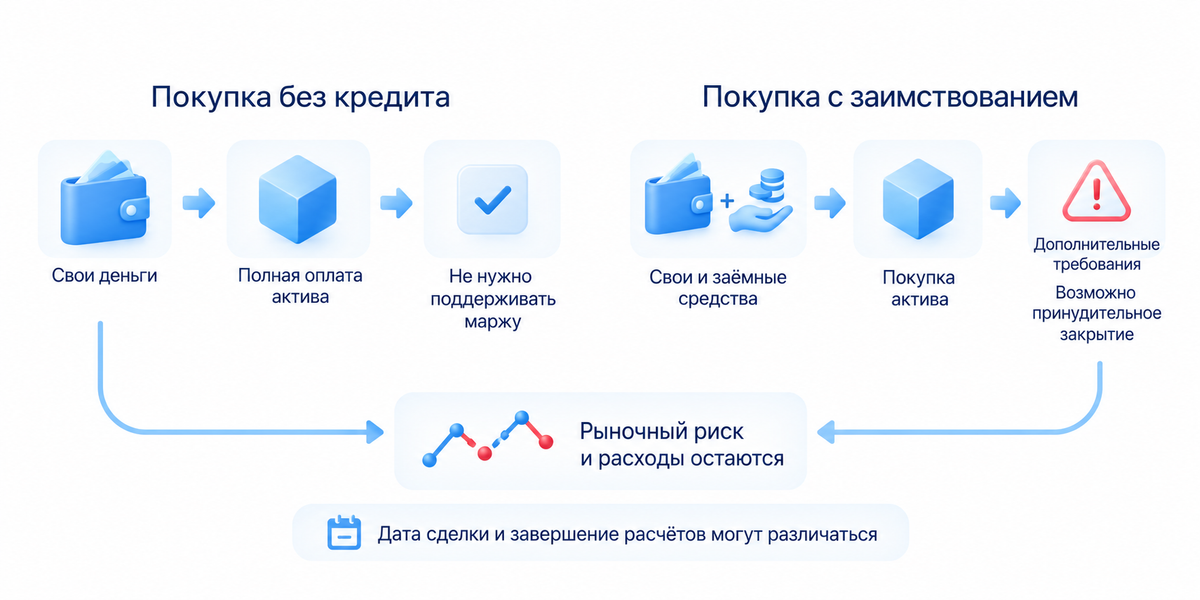 Спот: условия покупки: Без кредита: полная оплата, без поддержания маржи; С заимствованием: дополнительные требования и принудительное закрытие. Рыночный риск и расходы остаются; расчёты не всегда мгновенны
