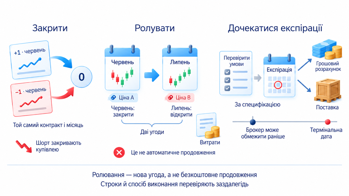 Закриття, ролювання та експірація мають різні механізми; ролювання створює нову угоду з іншою ціною й витратами