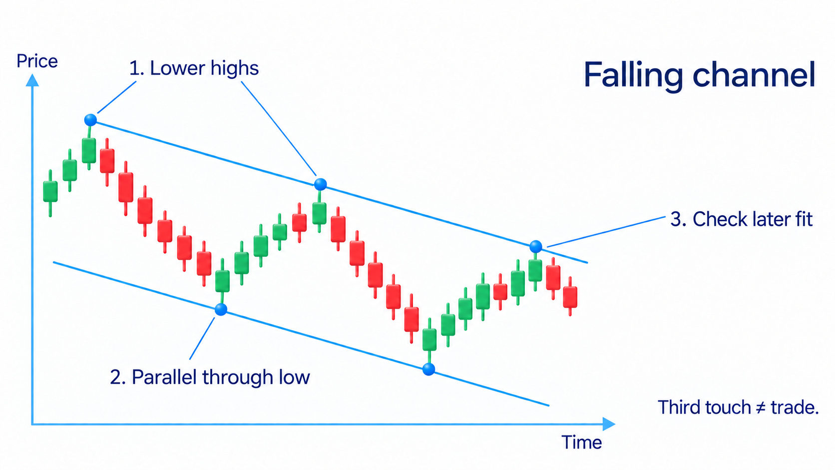 A falling channel through two lower highs and a parallel through a low; check later fit