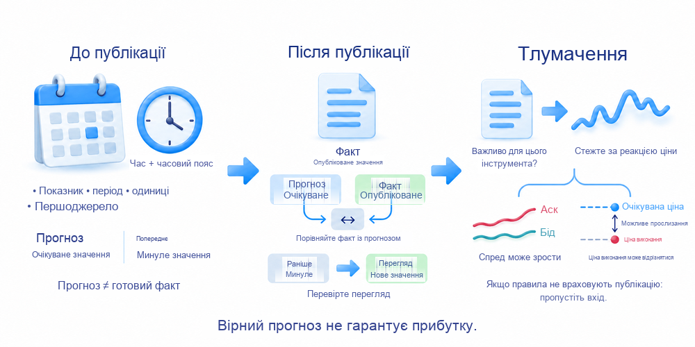 Схема читання економічної публікації: прогноз до виходу даних, фактичне значення й перегляд після публікації, потім реакція ціни