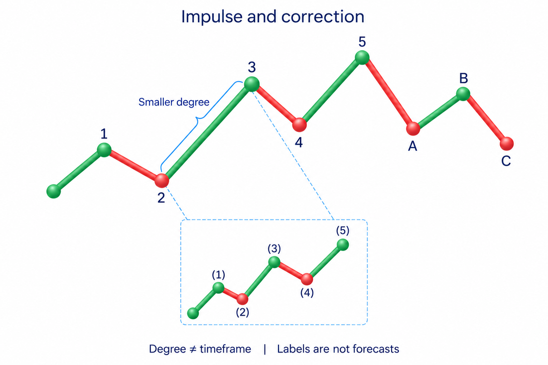 Basic upward five-wave directional phase followed by A-B-C correction