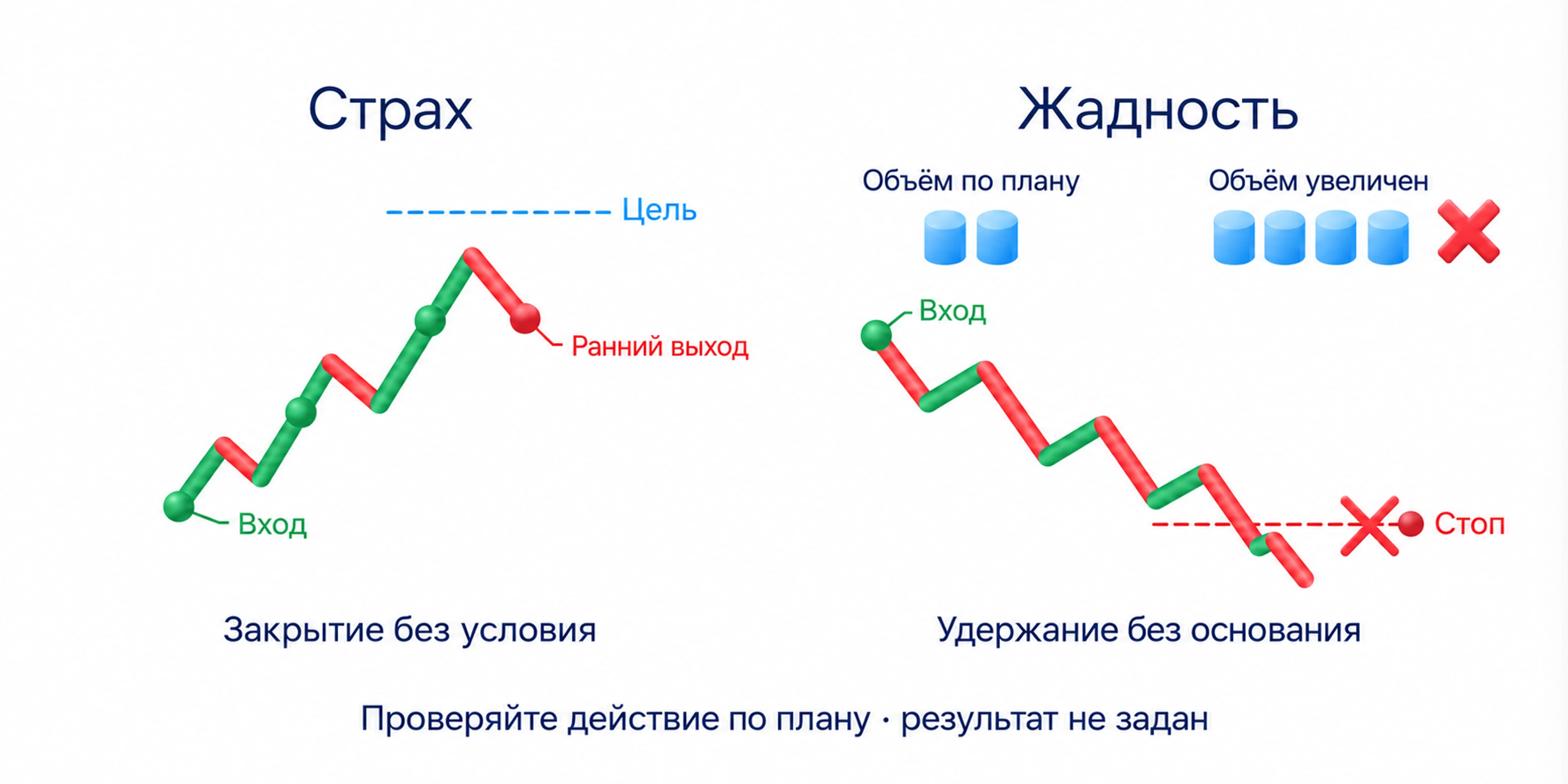 Страх может вести к раннему закрытию прибыли и откладыванию убытка, жадность — к увеличению объёма и удержанию без основания; проверяют действия