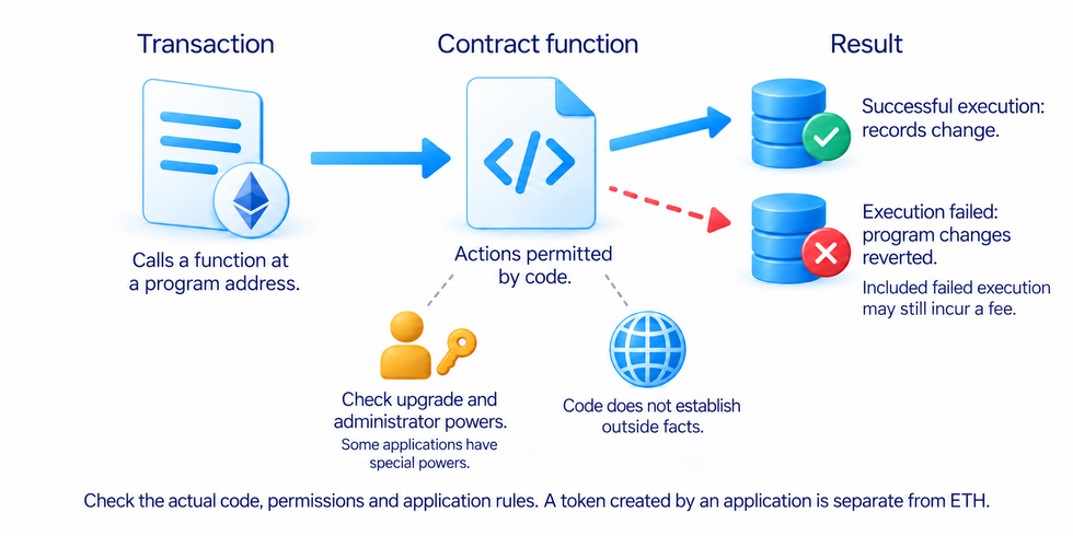A transaction calls a smart-contract function; code and administrator conditions still require checking.