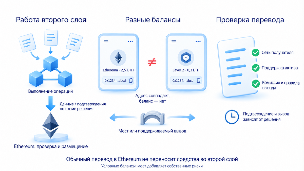 Второй слой выполняет операции и передаёт данные в Ethereum; проверяются сеть, комиссии и вывод, одинаковый адрес не означает общий баланс