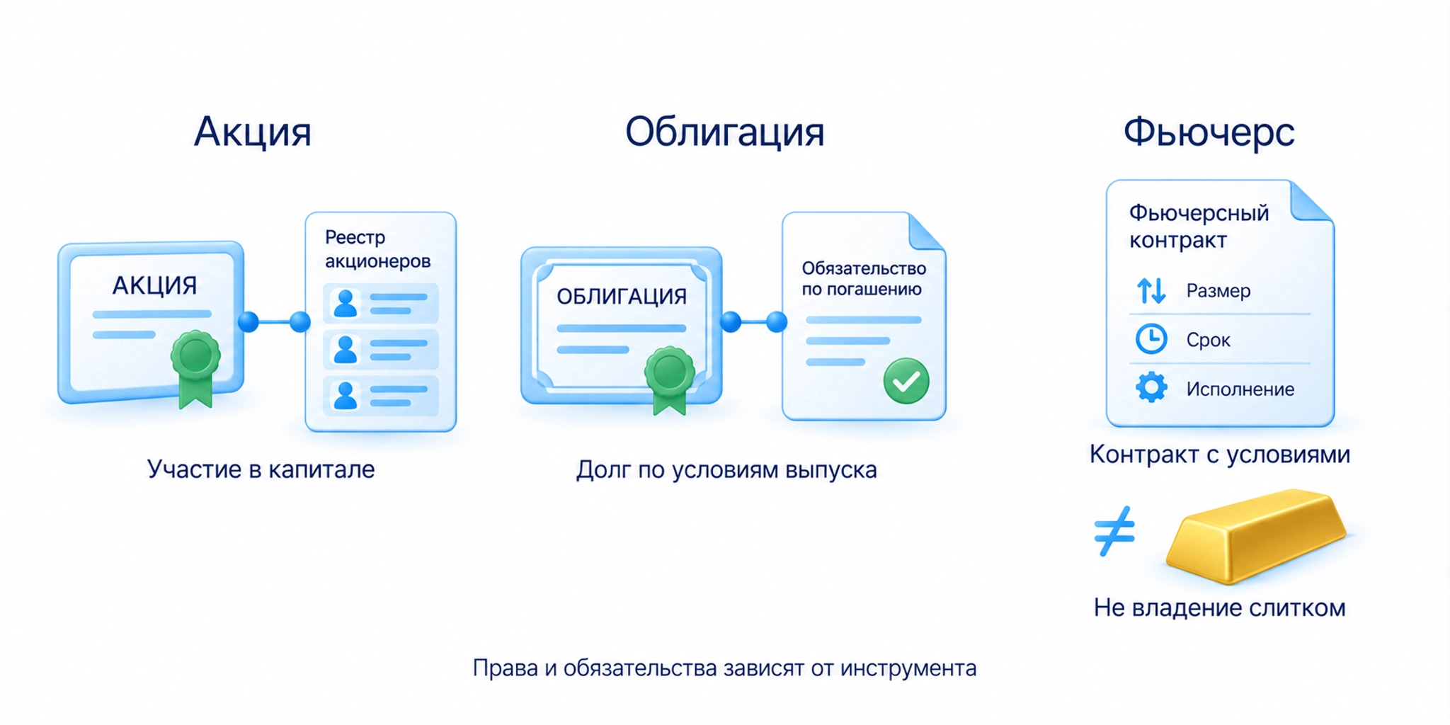 Акция подтверждает участие в капитале, облигация долг, фьючерс является контрактом с условиями и не равен владению слитком.