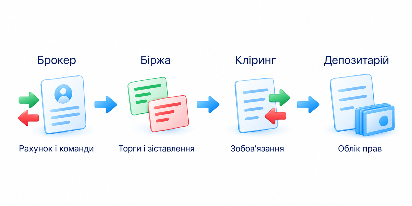 Брокер обслуговує рахунок і команди, біржа організовує торги, кліринг визначає зобов’язання, депозитарна система обліковує права на папери