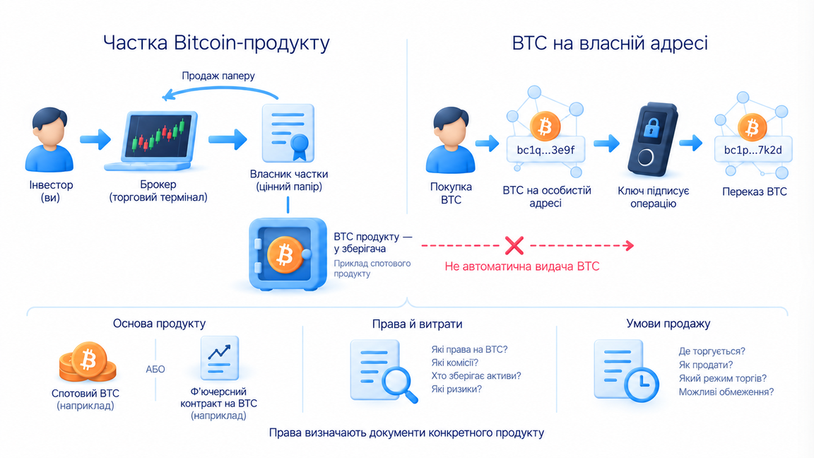 Частка Bitcoin ETF; Папір продукту; Вихід: продаж паперу; BTC у гаманець; BTC на особистій адресі; Частка не дає автоматичного права отримати BTC