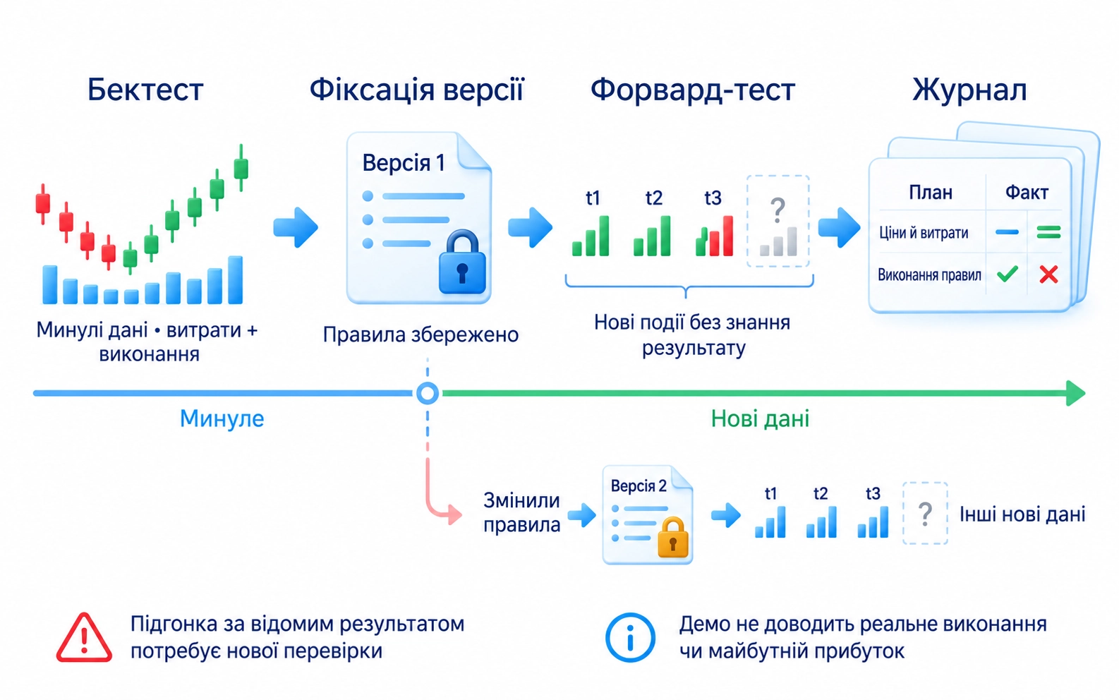 Бектест: історичні події; Правила зафіксовано; Форвард-тест: нові події; Результат ще не відомий; Правила, змінені за результатом, потребують нових даних; Демо не доводить майбутньої прибутковості