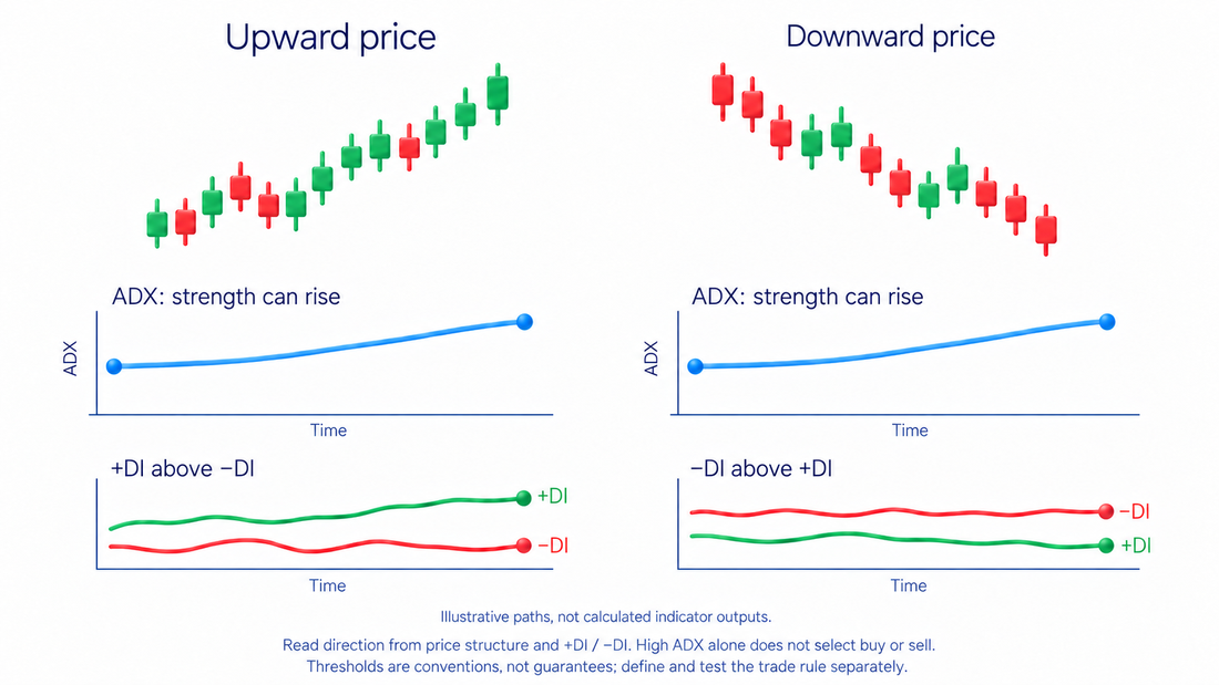 Rising and falling price structures can both be strongly directional; ADX measures strength not direction