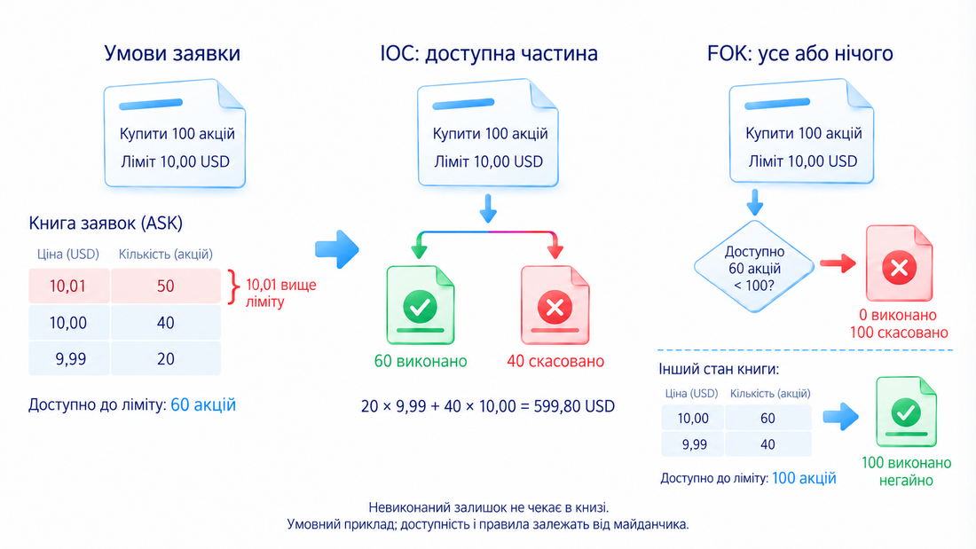 IOC; Запит: доступна частина негайно; Доступна частина; Залишок скасовується; FOK; Запит; Повністю негайно; або; Скасування всієї заявки