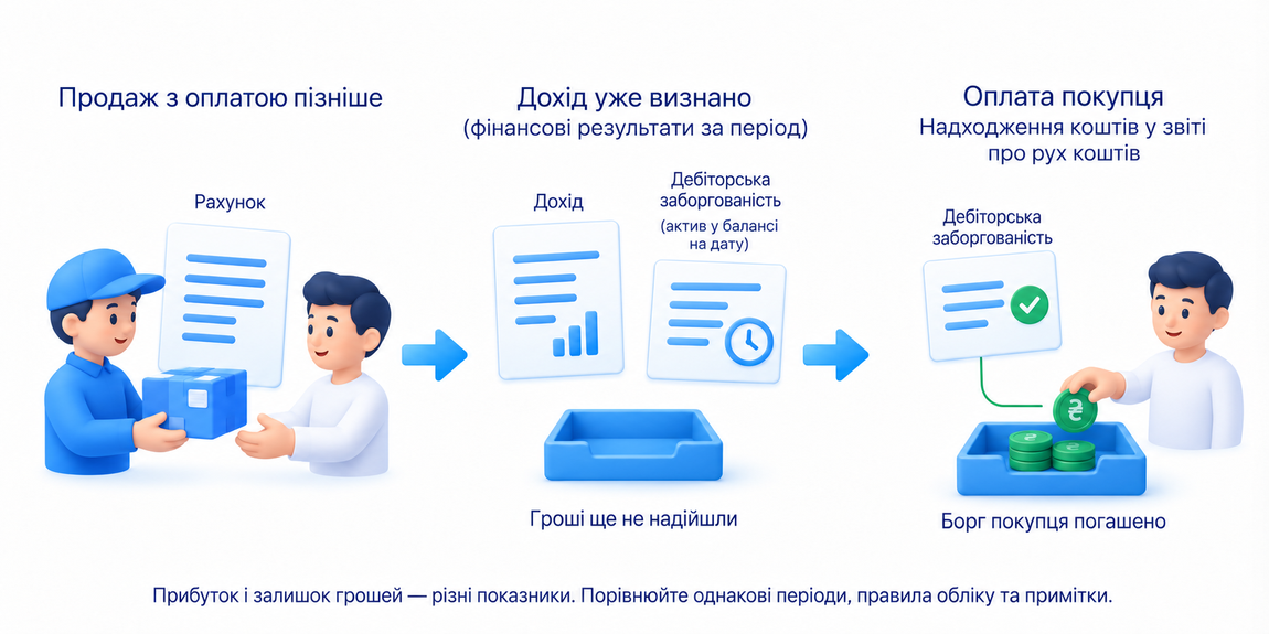 Баланс на дату, фінансові результати й рух коштів за період: прибуток не дорівнює грошам